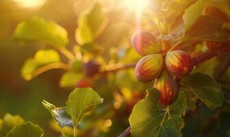 Figs on a branch, close-up view, with dewdrops on the figs photo