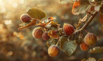 Figs on a branch, close-up view, with dewdrops on the figs photo