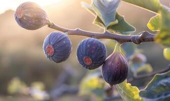 Figs on a branch, close-up view, with dewdrops on the figs photo