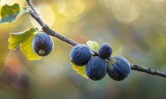 Figs on a branch, close-up view, with dewdrops on the figs photo
