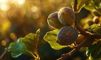 Figs on a branch, close-up view, with dewdrops on the figs photo