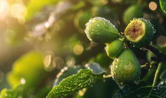 Figs on a branch, close-up view, with dewdrops on the figs photo