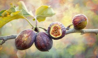 Figs on a branch, close-up view, with dewdrops on the figs photo
