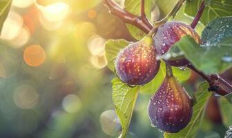 Figs on a branch, close-up view, with dewdrops on the figs photo