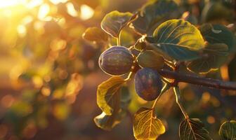 Figs on a branch, close-up view, with dewdrops on the figs photo