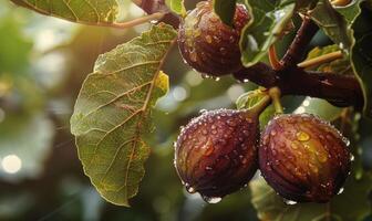 Figs on a branch, close-up view, with dewdrops on the figs photo