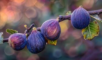 Figs on a branch, close-up view, with dewdrops on the figs photo
