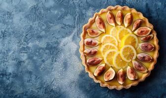 Fig and lemon curd tart with a lemony filling and fresh figs photo
