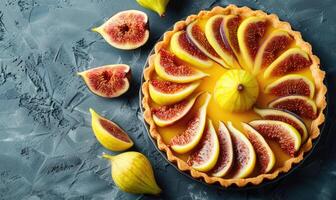 Fig and lemon curd tart with a lemony filling and fresh figs photo
