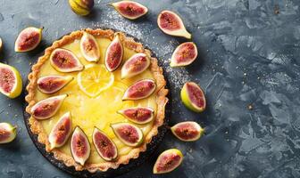 Fig and lemon curd tart with a lemony filling and fresh figs photo