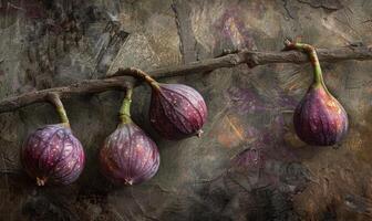 Figs on a branch, close-up view, with dewdrops on the figs photo