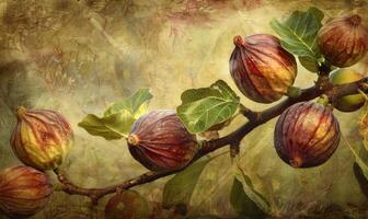 Figs on a branch, close-up view, with dewdrops on the figs photo