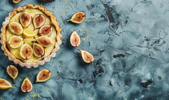 Fig and lemon curd tart with a lemony filling and fresh figs photo