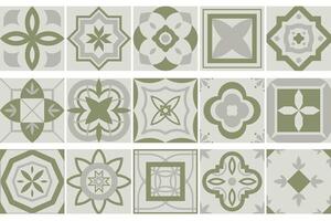 Collection of seamless geometric mosaic patterns - trendy green tile textures. Decorative ornamental backgrounds. repeatable tileable prints vector