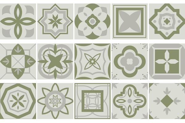 Collection of seamless geometric mosaic patterns - trendy green tile textures. Decorative ornamental backgrounds. repeatable tileable prints