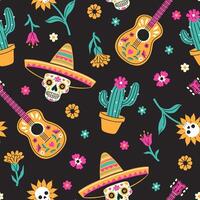 Day of the dead seamless pattern with cacti, guitars, skulls. graphics. vector
