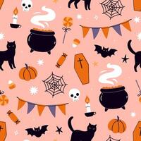 Seamless pattern with Halloween items candies, cats, cauldrons, skulls. graphics vector