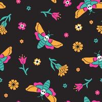Seamless pattern with death's head butterflies and flowers on a dark background. graphics vector