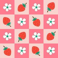 Simple checkered pattern with strawberries and flowers. graphics vector