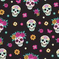 Seamless pattern with sugar skulls in flower wreaths. graphics vector
