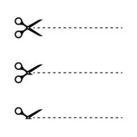 Cut line icon set. Cut here symbol with dashed line and scissors variations. Paper incision site illustration. Separation sign. Dividing pictogram. Tailor scissors concept. vector