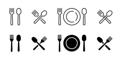 For and spoon icon set. Eatery symbol. Kitchen utensil illustration. Tableware serving sign. Crossed fork and spoon pictogram. Menu button. vector