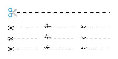 Scissors cut line icon set. Cut here symbol with dashed and dotted line variations. Paper incision site illustration. Separation sign. Dividing pictogram. Tailor scissors concept. vector