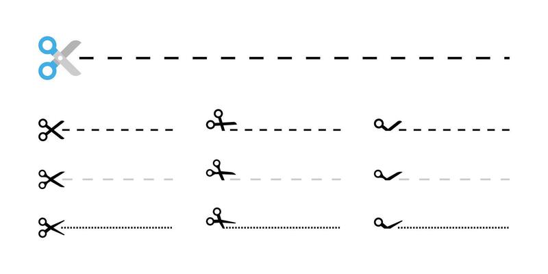 Scissors cut line icon set. Cut here symbol with dashed and dotted line variations. Paper incision site illustration. Separation sign. Dividing pictogram. Tailor scissors concept.