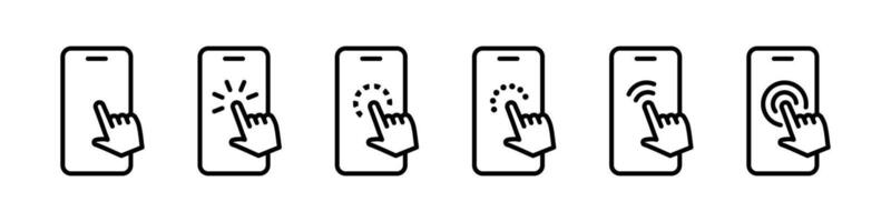 Hand touch screen smartphone icon set. Finger pointer with phone display illustration. Finger cursor pressing the screen device collection. Smartphone click symbol. vector