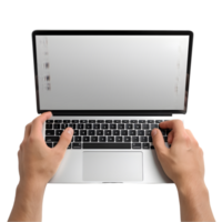 Man hands typing on laptop keyboard on transparent background png