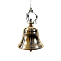 3d rendering of a golden bell hanging on a chain on transparent background png