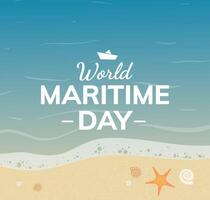 World Maritime Day card or web banner design. Seashells and starfish on the seashore near water vector