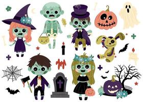 Halloween. A set of cute zombie characters with decorative elements. Funny festive characters. Flat style illustration on white background. vector