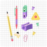 School stationery. Set of school items in flat style. Pencils, sharpener, eraser. Back to school. vector