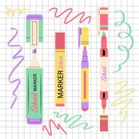 A set of marker and felt-tip pen illustrations. Coloured markers for drawing in flat style. School or office stationery. vector