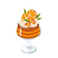 Orange dessert in a glass container with cream and citrus pieces. Sweet dessert in flat style on a white background. vector