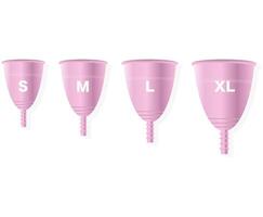 Women's menstrual cup set. Different cup sizes S, M, L, XL. illustration. vector