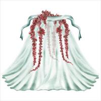 Sheer curtain backdrop. Decorative blue drapes with flower garlands. Hand drawn watercolor illustration isolated from the background. Vintage style frame decor for photo studio and display design vector
