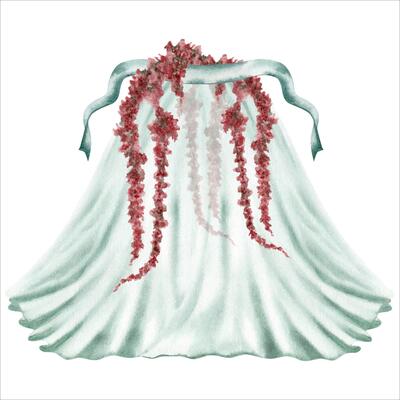 Sheer curtain backdrop. Decorative blue drapes with flower garlands. Hand drawn watercolor illustration isolated from the background. Vintage style frame decor for photo studio and display design
