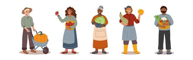 Set of people with harvest in flat style isolated on white. Harvest, autumn, Thanksgiving concept. vector