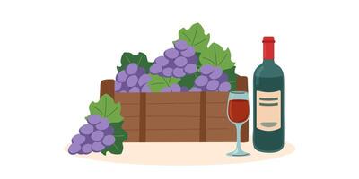 Grape and wine. Concept of autumn, harvest, thanksgiving, wine. Box of grapes and bottle of wine. Autumn background. vector