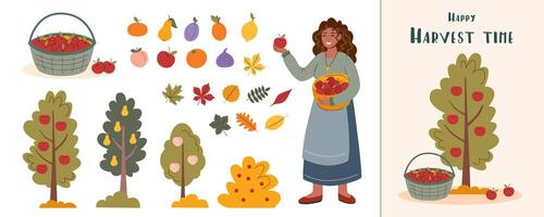 Autumn card. Autumn, harvest and Thanksgiving concept. Autumn elements set. Collection of trees, fruits and leaves isolated on white. The woman picking apples. vector