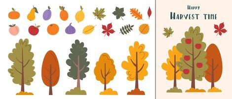 Autumn card. Autumn, harvest and Thanksgiving concept. Autumn elements set. Collection of trees, fruits and leaves isolated on white. vector