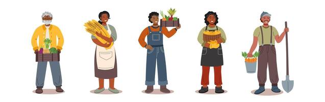 Set of people with harvest in flat style isolated on white. Harvest, autumn, Thanksgiving concept. vector