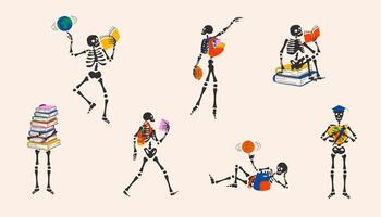 Set of Back to school. Funny Skeleton ready for school with school stationery. Cute character Skeleton Bones vector