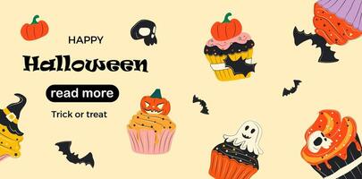 Web page design template. Cute halloween cupcakes cartoon characters. vector
