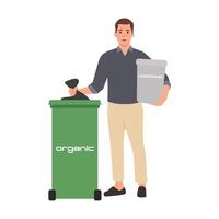 Man sorting garbage. Guy stand near bins sort trash and plastic in containers. vector