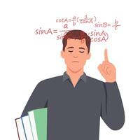 Man thinks study math. Scientists with mathematical formulas and schemes. vector