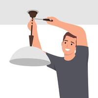 Young man Electrician mounting ceiling lamp installing the wires. vector