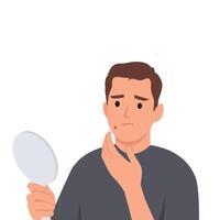 Young man with acne problem looking in mirror. vector